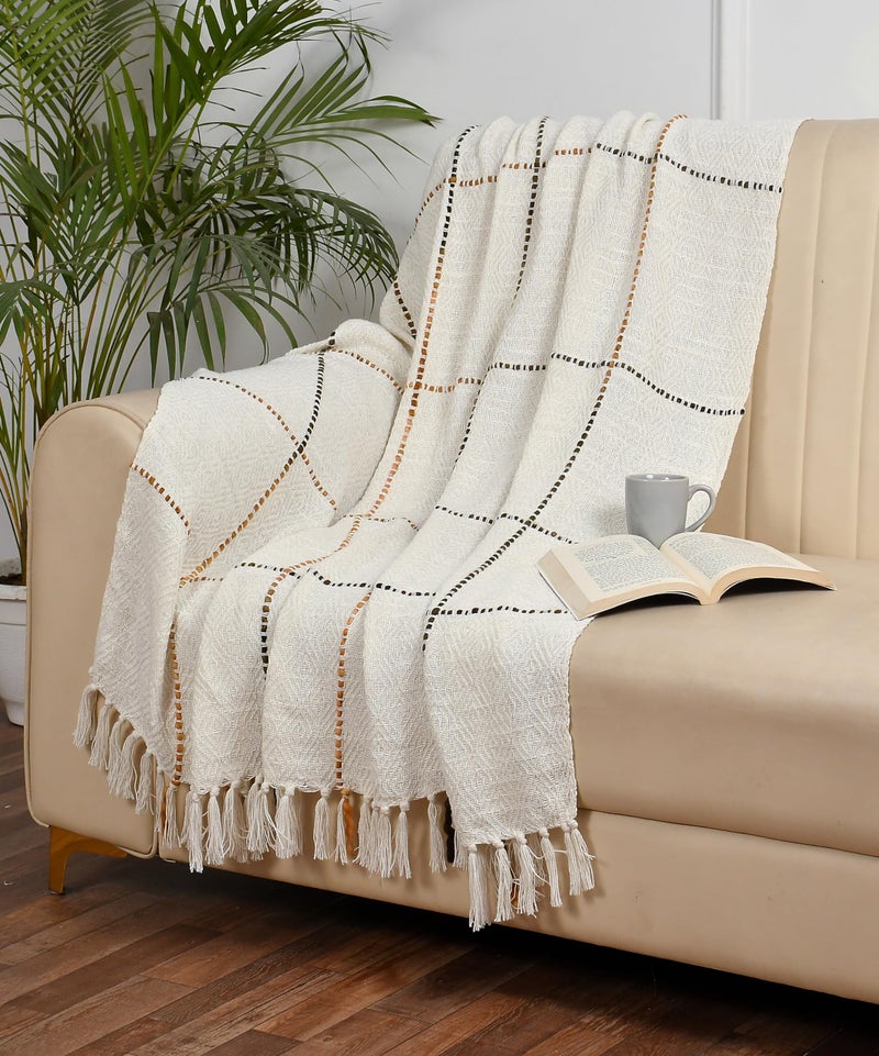 SASHAA WORLD Natural Multi Grid Patterned Handwoven Cotton Throw | Ideal for Your Home, Living Room, Sofa, Bed, Chair, Picnic & Used for Gift | 130X160 Cm, 100 Tc - Image 1