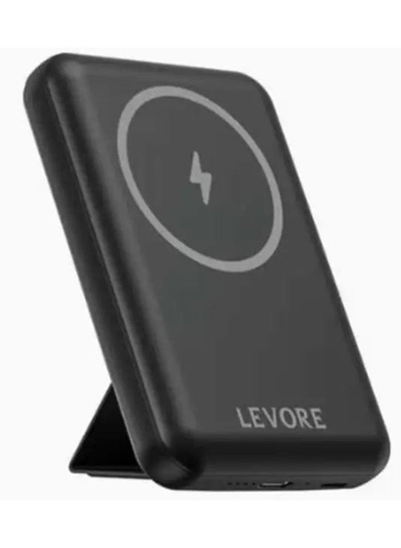 بنك الطاقة Levore LP411-BK عالي السعة يتميز ببطارية 5000 مللي أمبير في الساعة وتقنية الشحن السريع وحامل أنيق مزود بتقنية Magsafe، مثالي للسفر والعمل والاستخدام اليومي مع توافق مع أجهزة متعددة
