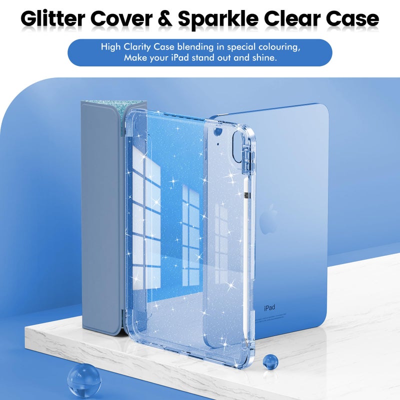 INFILAND Compatible with iPad A16 11th Generation 11 Inch 2025 Case, iPad Case 10th Generation 10.9 Inch, Glitter Cover with Sparkly Clear Back, Pencil Holder, for Kids Girls (Blue) - Image 3