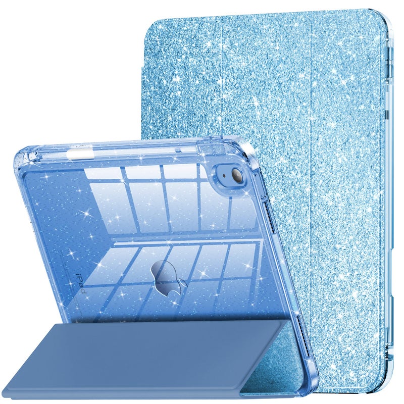 INFILAND Compatible with iPad A16 11th Generation 11 Inch 2025 Case, iPad Case 10th Generation 10.9 Inch, Glitter Cover with Sparkly Clear Back, Pencil Holder, for Kids Girls (Blue) - Image 1