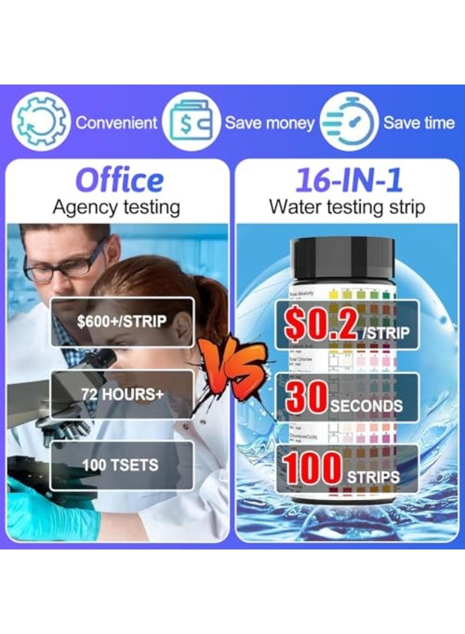 Generic 100 قطعة من شرائط اختبار جودة المياه الممتازة 16 في 1، مجموعة اختبار المياه الممتازة، شرائط اختبار الماء للمنزل وحمام السباحة والشرب والصناعات والمستشفيات والمنتجعات الصحية مع صلابة ودرجة الحموضة  - Image 3