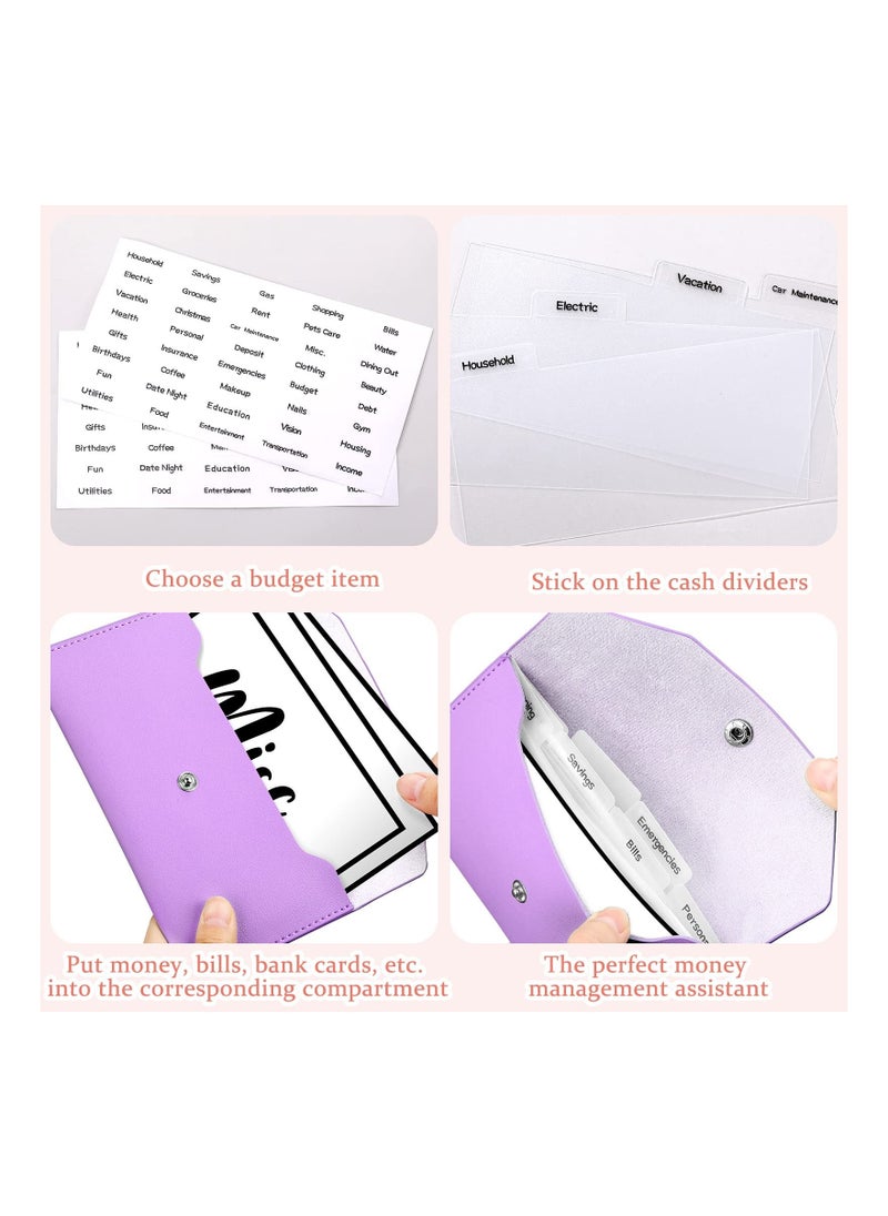 Generic - 11 Pieces Cash Envelope Wallet PU Leather Cash Envelopes Cash Wallet Reusable Budget Envelope Cash Dividers for Wallets with Cash Envelope Tab Stickers for Bill Planner (Purple Wallet) - Image 1