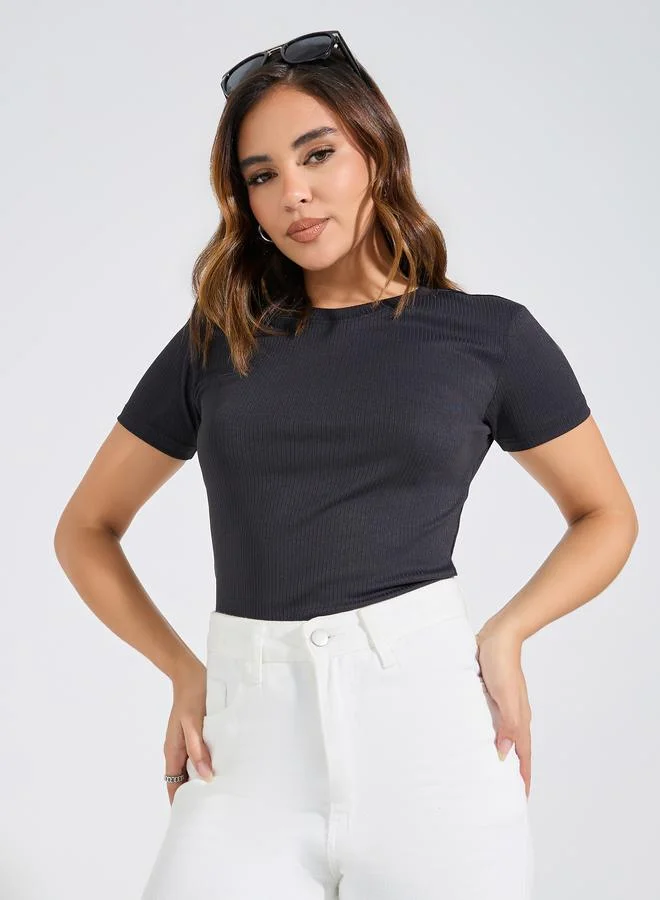 Styli Ribbed Fitted Round Neck Plain T-Shirt