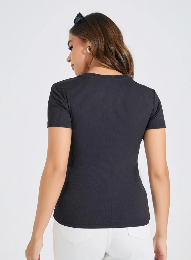 Styli Ribbed Fitted Round Neck Plain T-Shirt