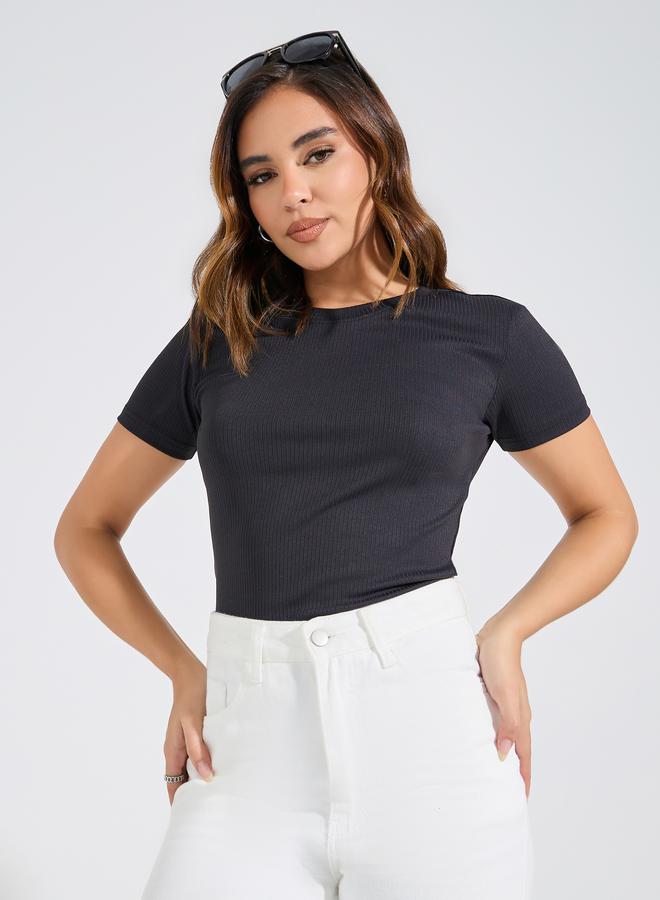 Styli Ribbed Fitted Round Neck Plain T-Shirt - Image 1