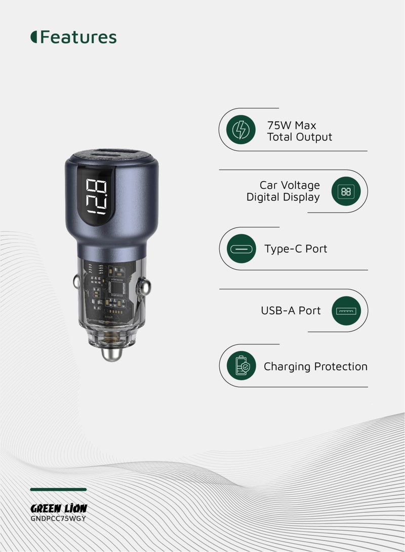 GREEN LION Dual Port  Car Charger with PD 45W and Cable USB C to C 1m / Car Voltage Digital Display / Total output 75W / Heat Dissipation / Charging Protection / Made for Phones (iPhone, Samsung, Xiaomi) and Tablets - Grey - Image 3