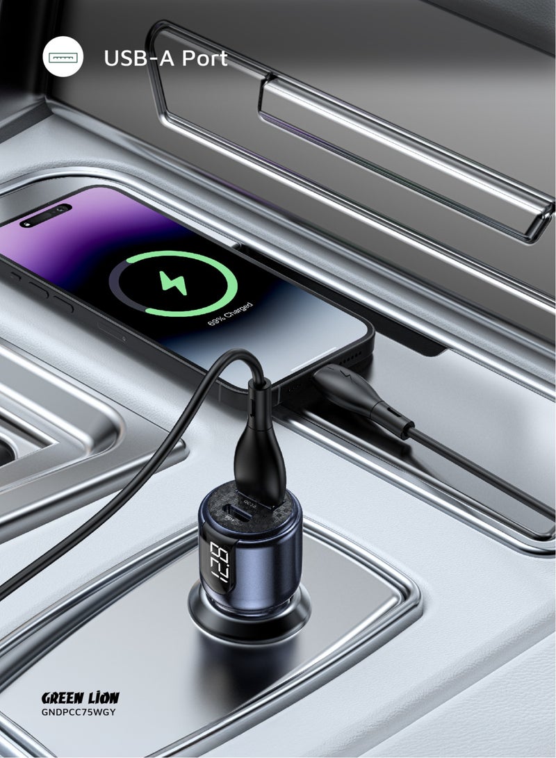 GREEN LION Dual Port  Car Charger with PD 45W and Cable USB C to C 1m / Car Voltage Digital Display / Total output 75W / Heat Dissipation / Charging Protection / Made for Phones (iPhone, Samsung, Xiaomi) and Tablets - Grey - Image 4