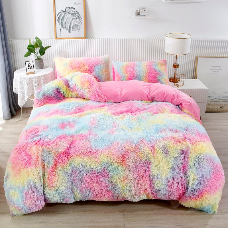 RYNGHIPY RYNGHIPY 3Pcs Rainbow Girls Bedding Sets Twin Size Ultra Soft Long Hair Plush Shaggy Duvet Cover with Pillowcases Colorful Tie Dye Bedding Set with Hidden Zipper Closure Colorful PinkTwin 