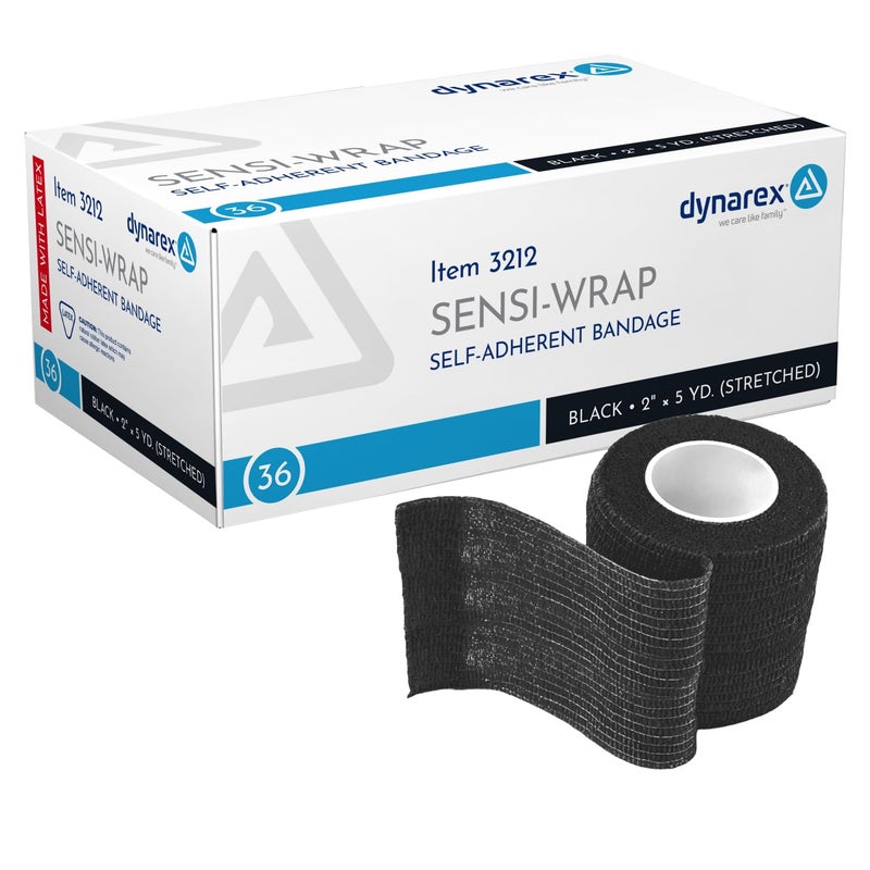 Dynarex Sensi-Wrap Bandage Rolls are a Self-Sticking Wrap Provides Stay in Place Compression. Great for Tough to Wrap Areas of The Body, Over a Bandage or Tattoo. Black, 2â€ x 5 yds, 1 Box of 36 Rolls - Image 1