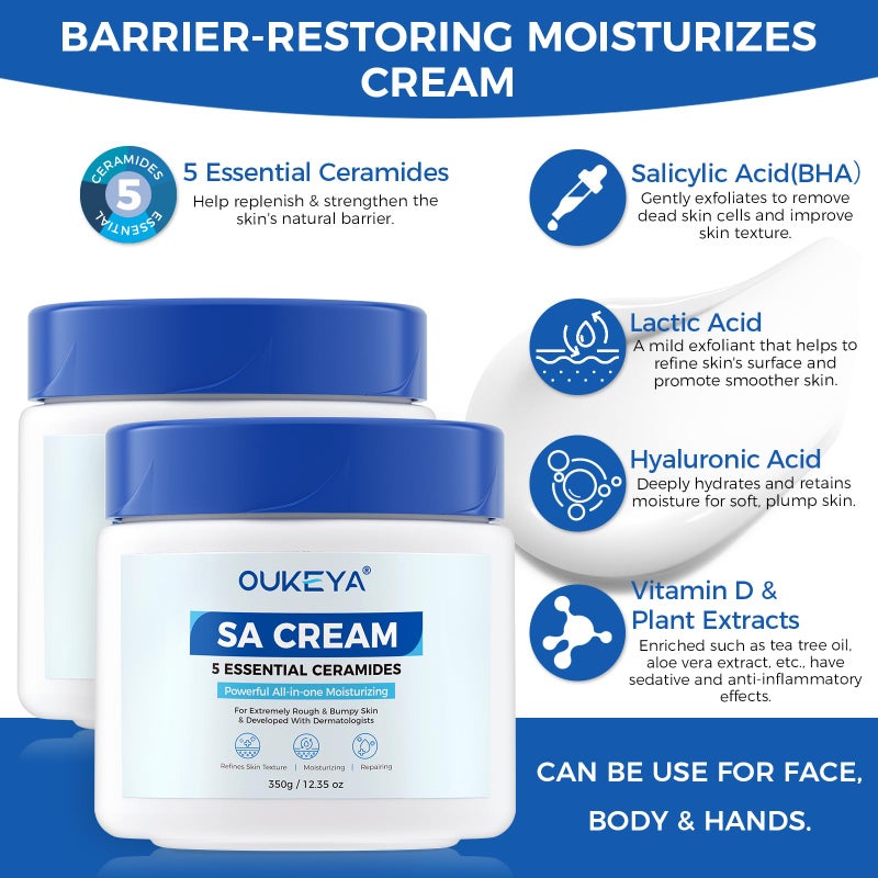 OUKEYA SA Cream for Rough & Bumpy Extremely Dry Skin with 5 Kinds of Ceramides & Salicylic Acid,Exfoliating Moisturizing Body Lotion with Long-Lasting Moisture,Dermatologist Recommended,2 Pack - Image 4