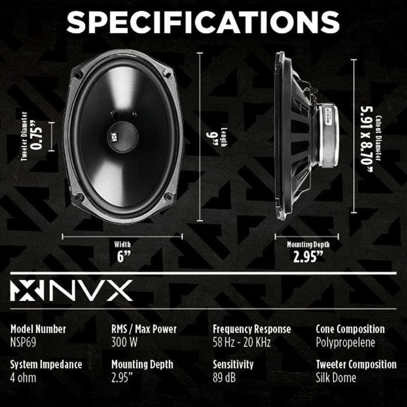 NVX NSP69 6x9 2-Way Coaxial Speakers Bundle with Metra 72-1002 Harness – 900W Peak, Silk Dome Tweeters, Plug-and-Play Install for Select 1979–2002 Jeep/Dodge/Cadillac - Image 3