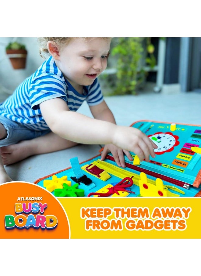 Atlasonix Montessori Busy Board For Toddlers - Educational Learning Toy With Zippers, Buckles, Velcro & Shapes - Travel Activity For Car Rides & Flights For Kids Toddler Busy Book  - Image 1