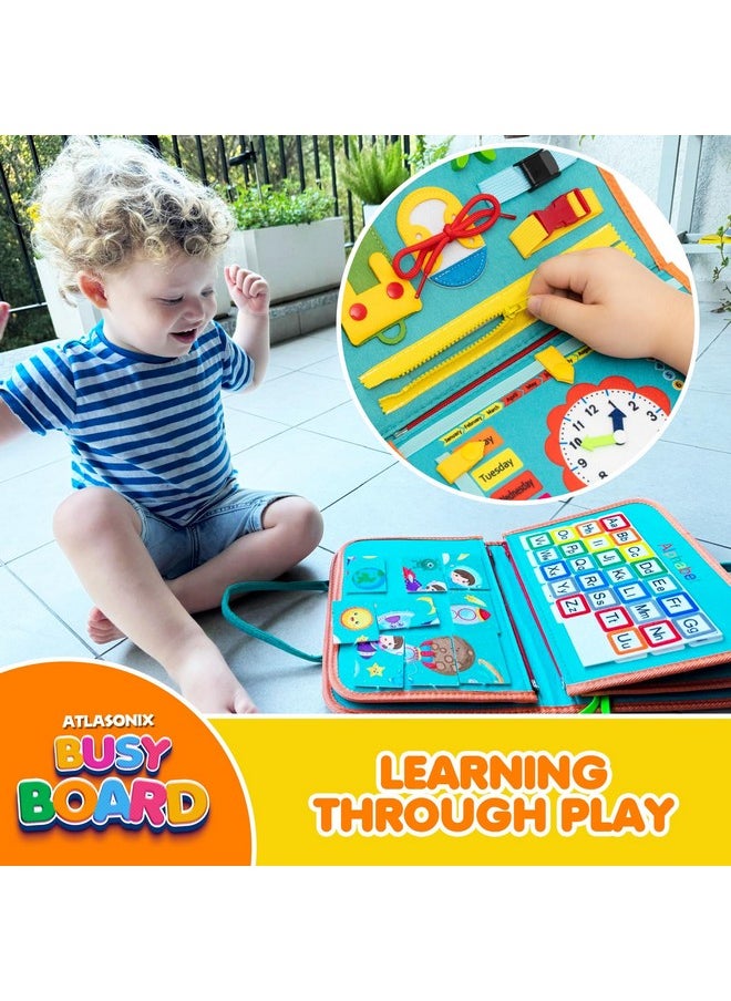 Atlasonix Montessori Busy Board For Toddlers - Educational Learning Toy With Zippers, Buckles, Velcro & Shapes - Travel Activity For Car Rides & Flights For Kids Toddler Busy Book  - Image 2