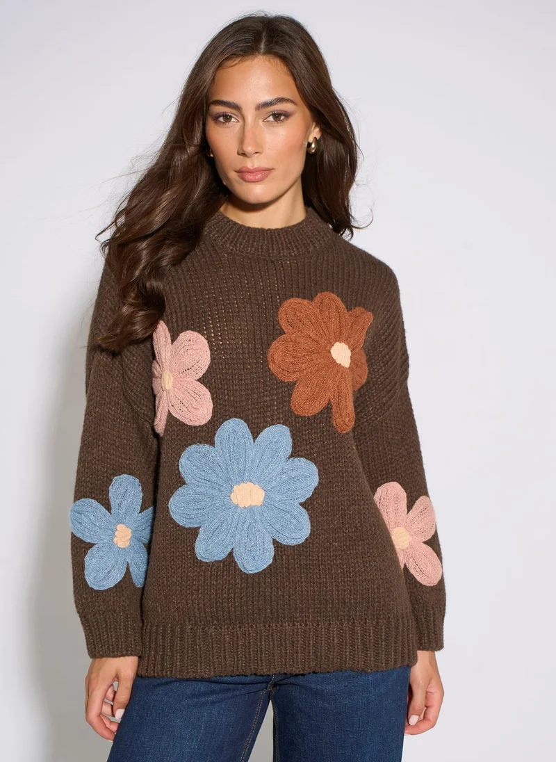 Gini London Brown 3D Floral Turtle Neck Knit Jumper