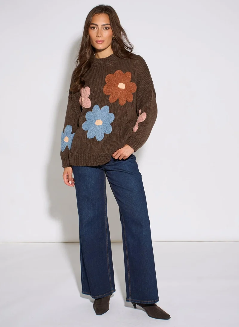 Gini London  Brown 3D Floral Turtle Neck Knit Jumper for Women | Best Price UAE