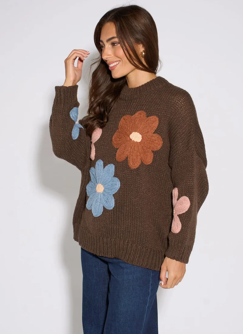 Gini London  Brown 3D Floral Turtle Neck Knit Jumper for Women | Best Price UAE