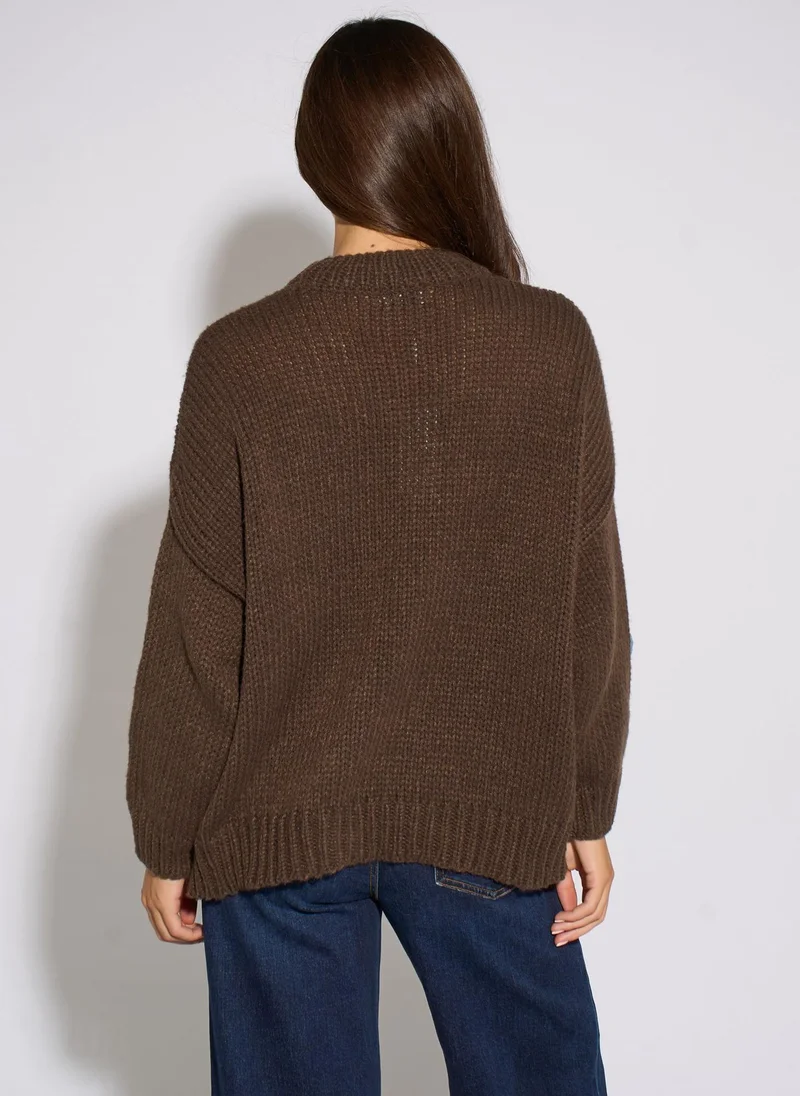Gini London Brown 3D Floral Turtle Neck Knit Jumper