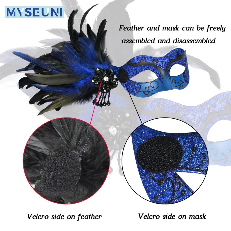 MYSEUNI 2025 New Blue and Black Masquerade Mask for Women with Feathers - Womens Mascarade Venetian Mask for Masquerade Party, Mardi Gras, Halloween Cosplay Prom, Christmas - Image 4
