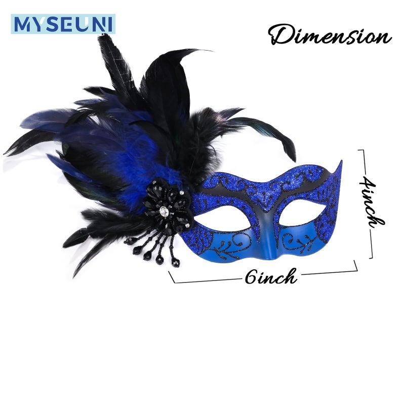 MYSEUNI 2025 New Blue and Black Masquerade Mask for Women with Feathers - Womens Mascarade Venetian Mask for Masquerade Party, Mardi Gras, Halloween Cosplay Prom, Christmas - Image 2