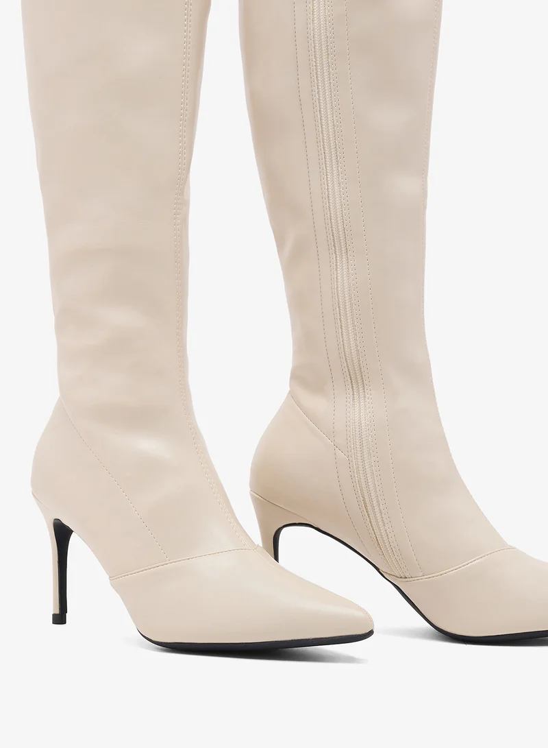 Ella Cream Pointed Toe Stiletto Heel Knee Boots for Women | Best Price UAE