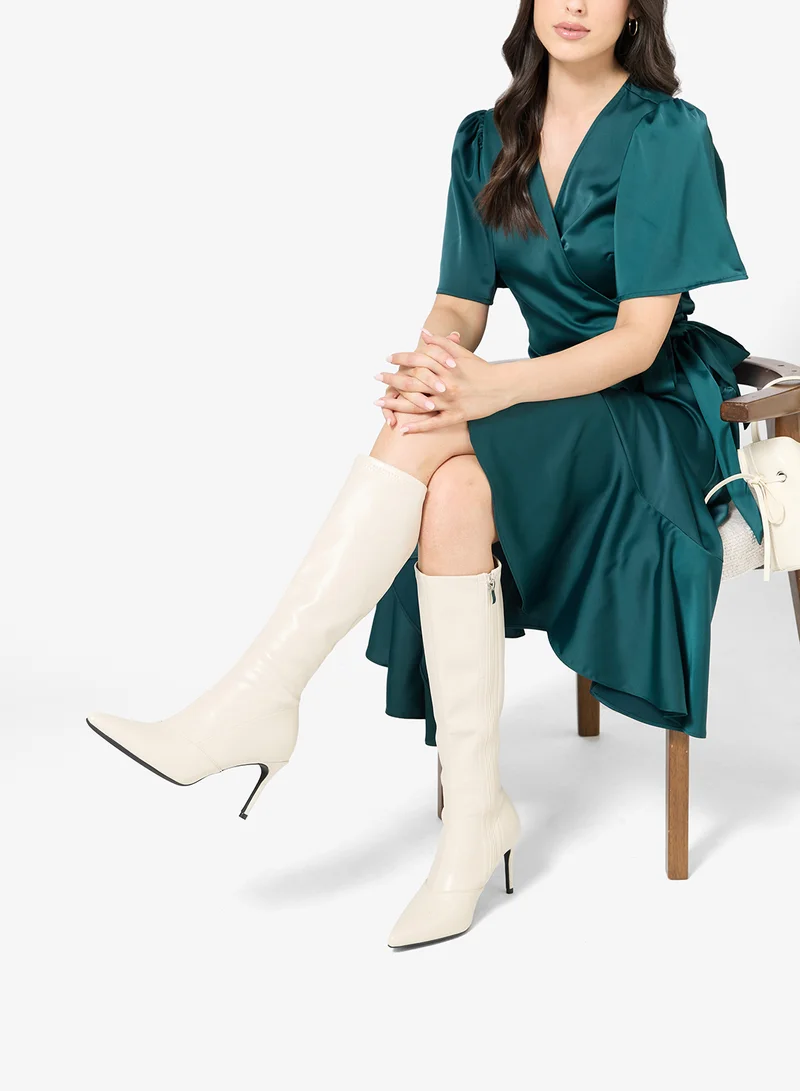 Ella Cream Pointed Toe Stiletto Heel Knee Boots for Women | Best Price UAE