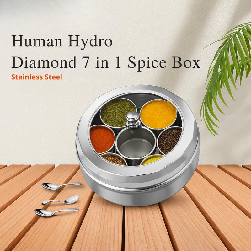 Human Hydro علبة ماسالا من الفولاذ المقاوم للصدأ بشكل ماسي 7 في 1 مع غطاء وملاعق | وعاء توابل مقطوع بشكل ماسي مع مقبض | حاوية توابل لتخزين المطبخ | صندوق ماسالا هندي - Image 4