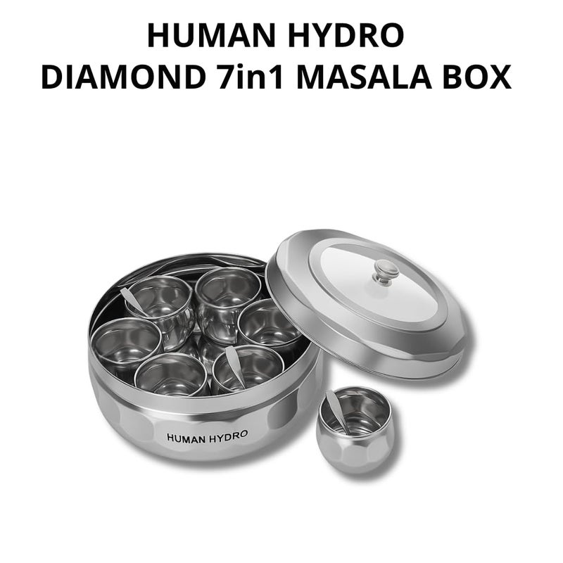 Human Hydro علبة ماسالا من الفولاذ المقاوم للصدأ بشكل ماسي 7 في 1 مع غطاء وملاعق | وعاء توابل مقطوع بشكل ماسي مع مقبض | حاوية توابل لتخزين المطبخ | صندوق ماسالا هندي - Image 2