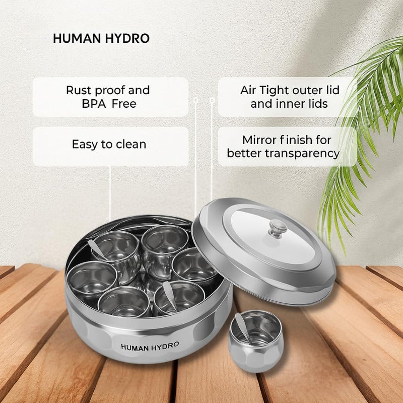 Human Hydro علبة ماسالا من الفولاذ المقاوم للصدأ بشكل ماسي 7 في 1 مع غطاء وملاعق | وعاء توابل مقطوع بشكل ماسي مع مقبض | حاوية توابل لتخزين المطبخ | صندوق ماسالا هندي - Image 5