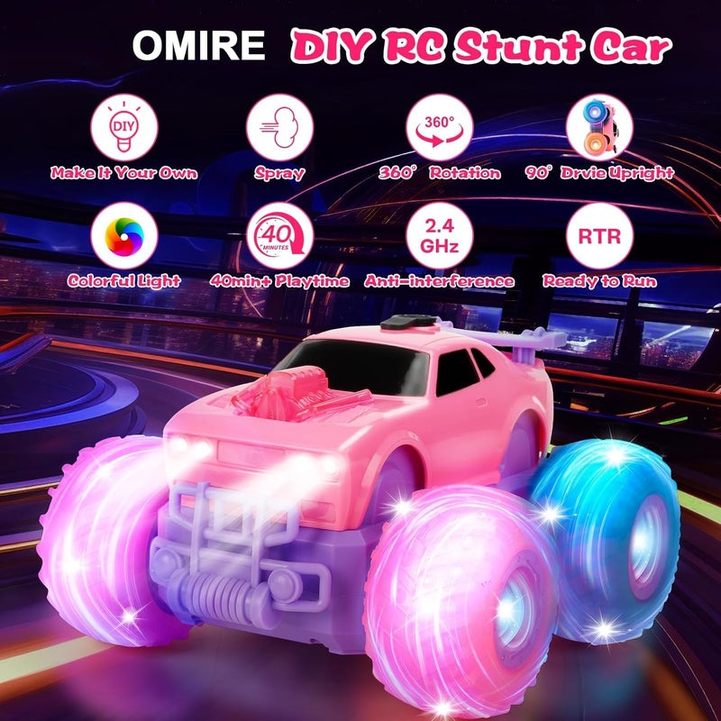 OMIRE Pink Princess Remote Control Stunt Car with Flashing Lights and Spray Effect - Image 3