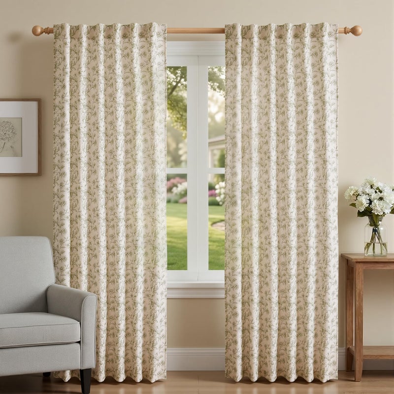 XWZO Green Floral Curtains 84 Inch Length Farmhouse Linen Curtain for Living Room Vintage Flower Botanical Patterned Curtains Rod Pocket Back Tab Bedroom Window Drapes Set 2 Panels - Image 2