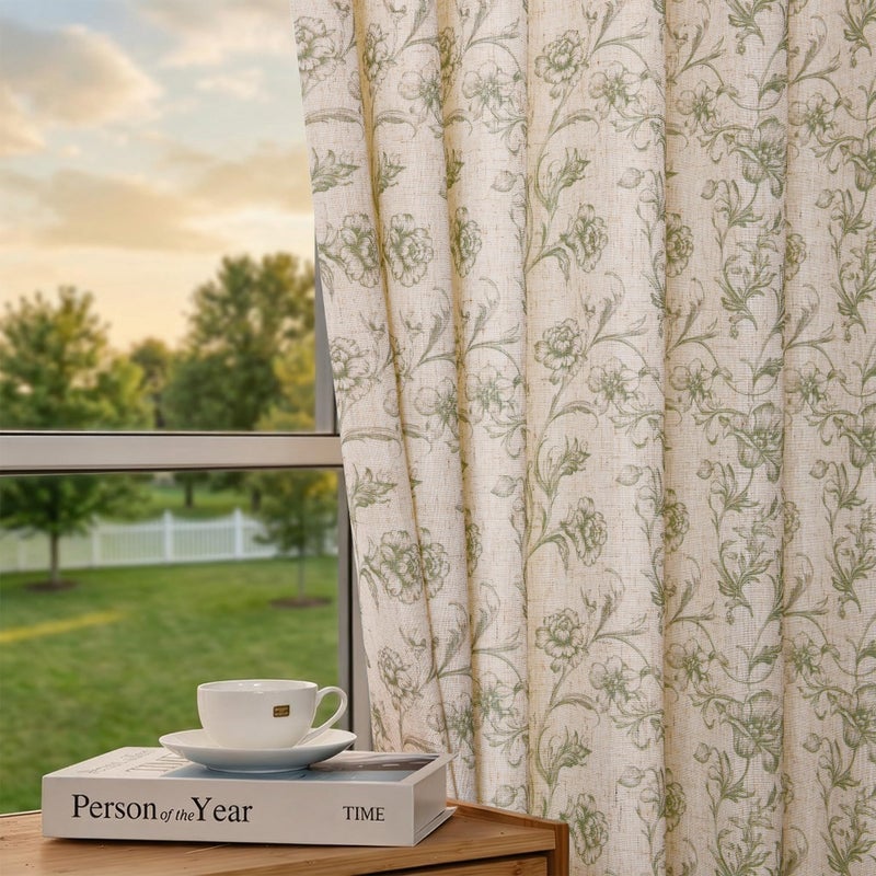 XWZO Green Floral Curtains 84 Inch Length Farmhouse Linen Curtain for Living Room Vintage Flower Botanical Patterned Curtains Rod Pocket Back Tab Bedroom Window Drapes Set 2 Panels - Image 1