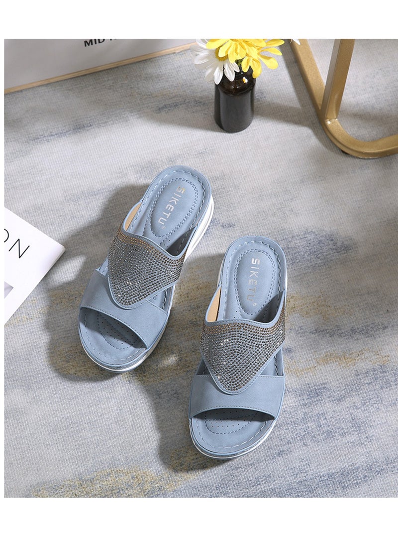 SIKETU Spring Summer Leisure Air Cushion Bottom Car Sewing Line Comfortable Rhinestone Casual Sandals Blue  - Image 1