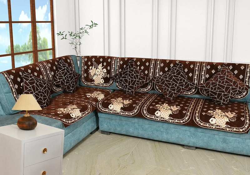 Dazzling DECOR L Shape Sofa Cover 7 Seater Set with Cushion Covers | Stretch Fit Elastic Corner Sofa Slipcover | Anti-Skid Dustproof Couch Protector | Washable Furniture Cover (Brown) - Image 5