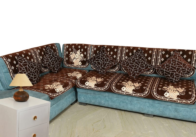Dazzling DECOR L Shape Sofa Cover 7 Seater Set with Cushion Covers | Stretch Fit Elastic Corner Sofa Slipcover | Anti-Skid Dustproof Couch Protector | Washable Furniture Cover (Brown) - Image 2