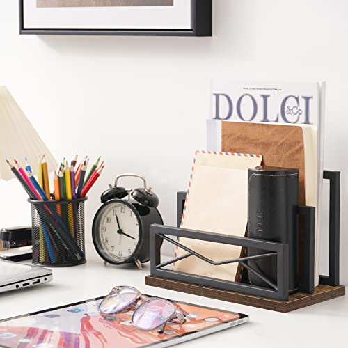 Snughome Desktop Mail Organizer, Desk Mail Organizer with 2-Slot Matte Black Metal Desktop Mail Sorter, Metal Storage File Holder Letter Sorter Organizer for Home or Office, Rustic Brown - Image 3