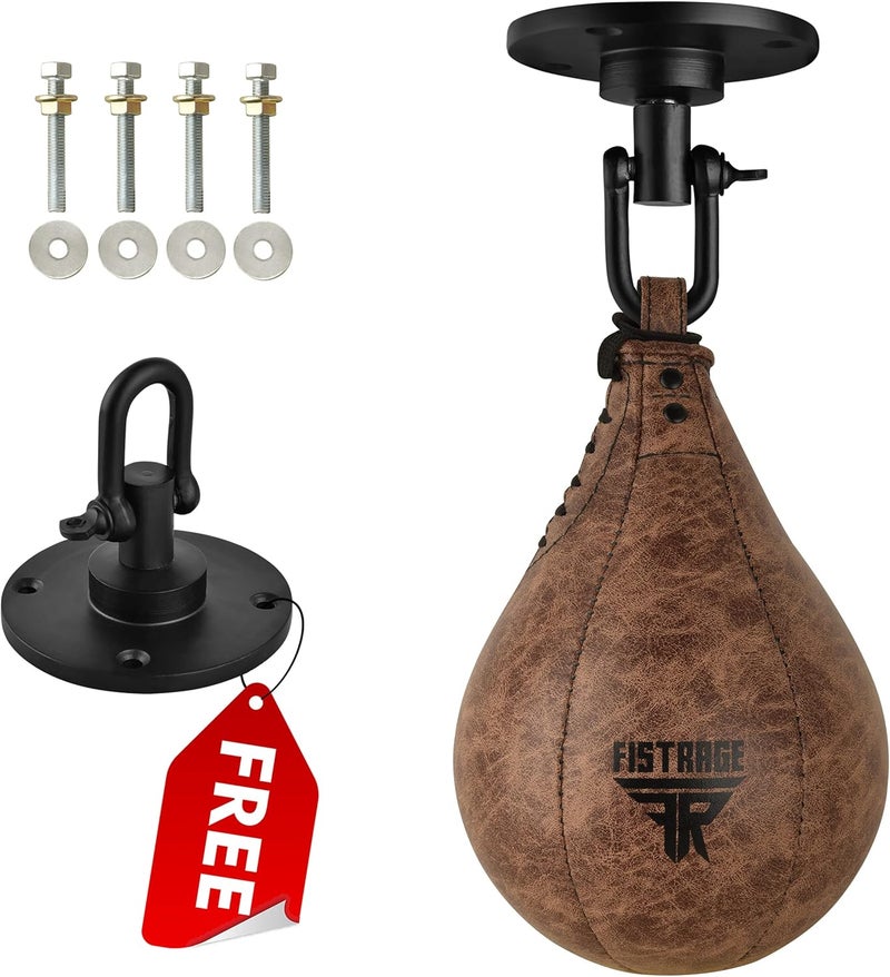FISTRAGE FR FISTRAGE Speed Bag Boxing Ball Leather MMA Muay Thai Training Punching Dodge Striking Kit with Free Hanging Swivel Workout Speedball Kicking Platform Equipment - Image 2