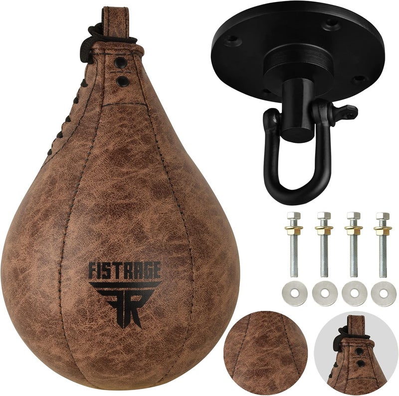 FISTRAGE FR FISTRAGE Speed Bag Boxing Ball Leather MMA Muay Thai Training Punching Dodge Striking Kit with Free Hanging Swivel Workout Speedball Kicking Platform Equipment - Image 1