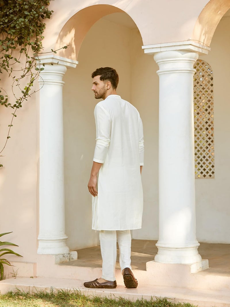See Designs Men Full Sleeve Off White And Gold Chanderi Silk Sequins Mandarin Collar Side Slit Kurta With Pyjama - SDKT242206XXL - Image 4