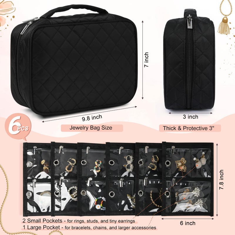 CEELGON Travel Jewelry Case Organizer and Storage Quilted Jewelry Pouch Box for Traveling Ring Necklace Earring Holder with Velvet Jewelry Binder Mini Portable Jewelry Bag (Black) - Image 2
