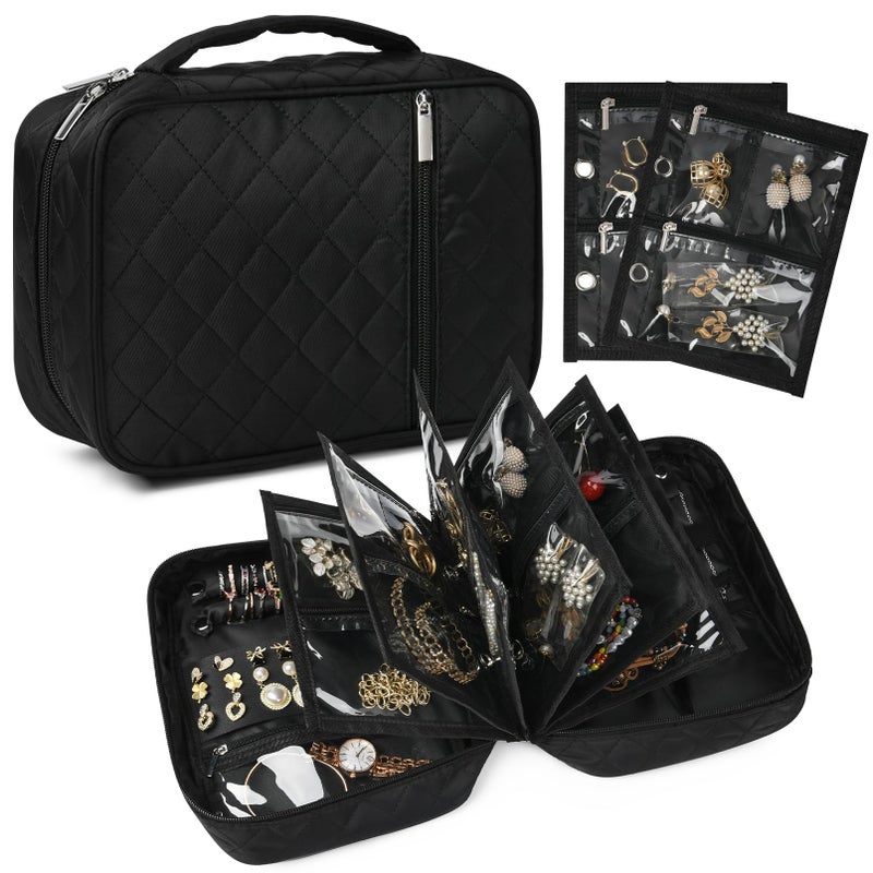 CEELGON Travel Jewelry Case Organizer and Storage Quilted Jewelry Pouch Box for Traveling Ring Necklace Earring Holder with Velvet Jewelry Binder Mini Portable Jewelry Bag (Black) - Image 1