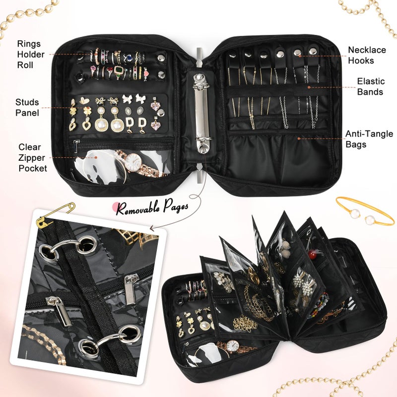 CEELGON Travel Jewelry Case Organizer and Storage Quilted Jewelry Pouch Box for Traveling Ring Necklace Earring Holder with Velvet Jewelry Binder Mini Portable Jewelry Bag (Black) - Image 3