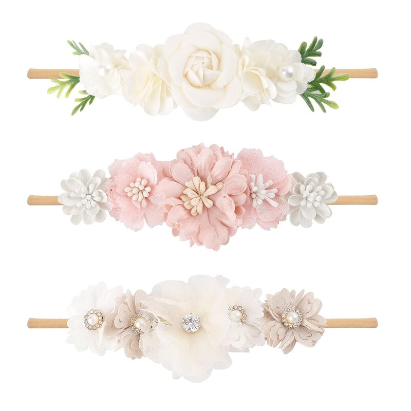 mligril Baby Girl Nylon Headbands Flower Hair Bows Accessories-Elastic Hair Band Crown Handmade FLoral Wraps Birthday Gifts for Girls Newborn Infant Toddler 3Pcs - Image 1