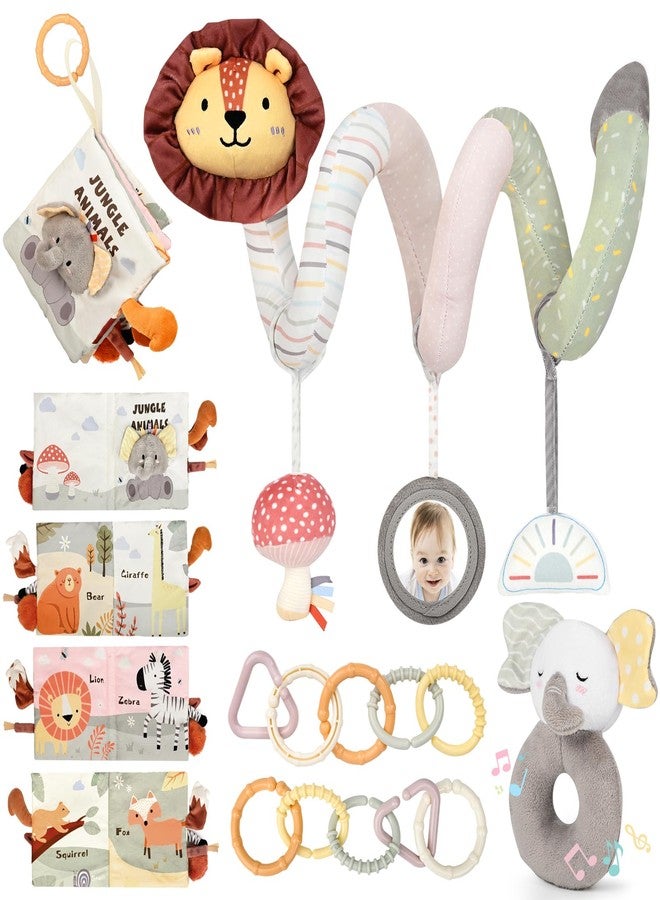 Joyreal Spiral Car Seat Toys with Jungle Soft Book, Plush Rattles and Linking Rings, Stroller & Travel Toy for Newborns and Infants 0-12 Months Girls Boys - Image 1