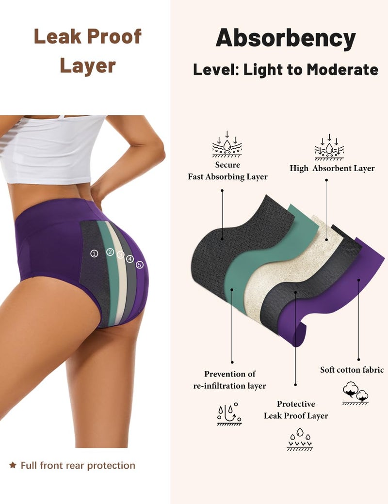 Allbase Incontinence Underwear for Women High Absorbency Period Panties Ladies Leakproof Protective Menstrual Postpartum Bladder Control Washable Cotton Briefs Multipack - Image 3