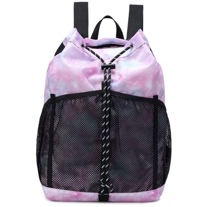 Lohol Lightweight Drawstring Backpack With Mesh Pockets For Women Men, Water Resistant String Bag For Sports Beach Swimming Camp Travel (Pink Galaxy) - Image 1