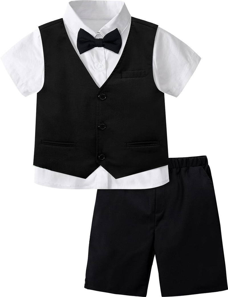 A&J DESIGN Kids Suits for Boys Wedding Gentleman Photoshoot Formal Church Ring Bearer Funeral Outfit Summer Short Set Tuxedo Black 10-11 Years - Image 1