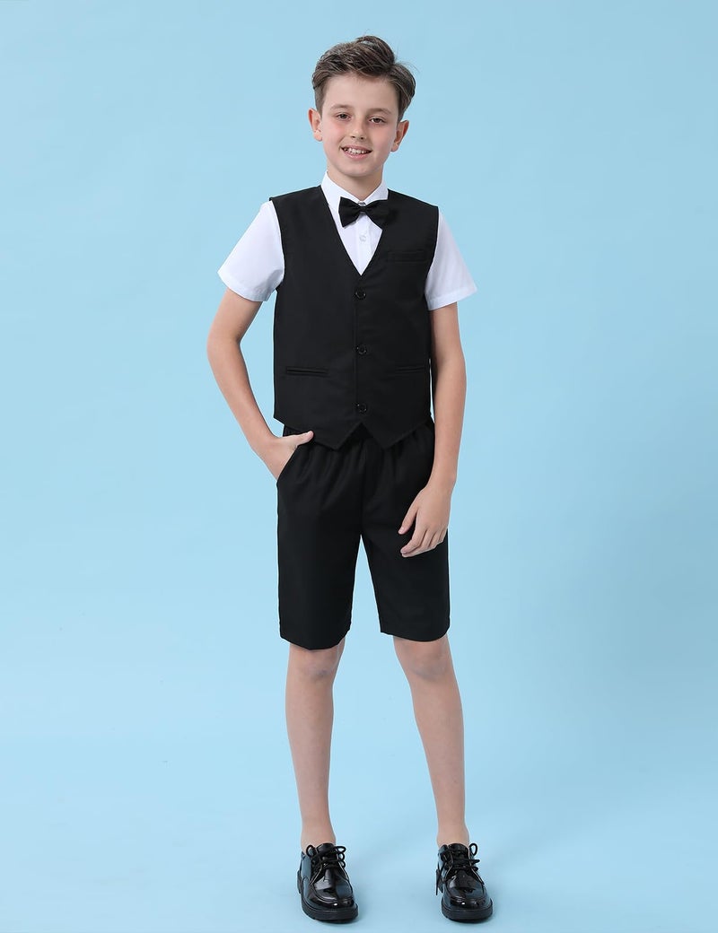 A&J DESIGN Kids Suits for Boys Wedding Gentleman Photoshoot Formal Church Ring Bearer Funeral Outfit Summer Short Set Tuxedo Black 10-11 Years - Image 3