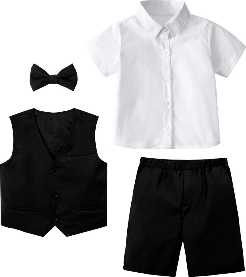 A&J DESIGN Kids Suits for Boys Wedding Gentleman Photoshoot Formal Church Ring Bearer Funeral Outfit Summer Short Set Tuxedo Black 10-11 Years - Image 4
