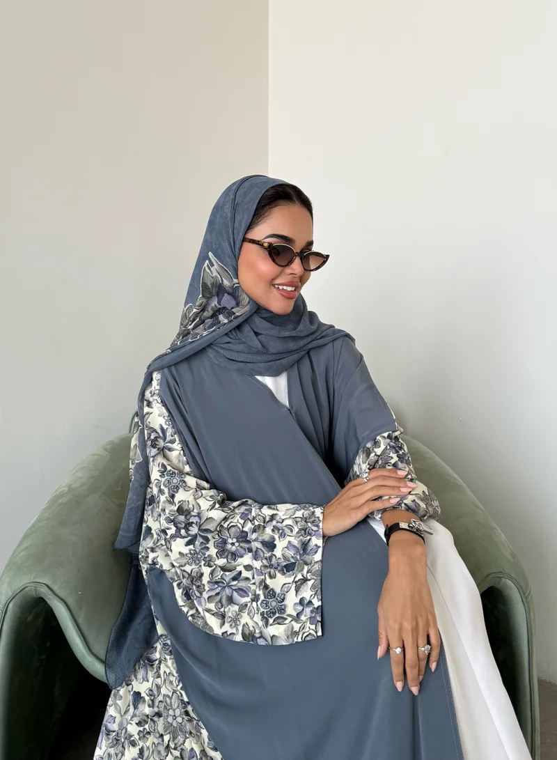 Lusin Abaya Grey indian Silk Abaya with Floral-Print Back, Sleeves & Veil