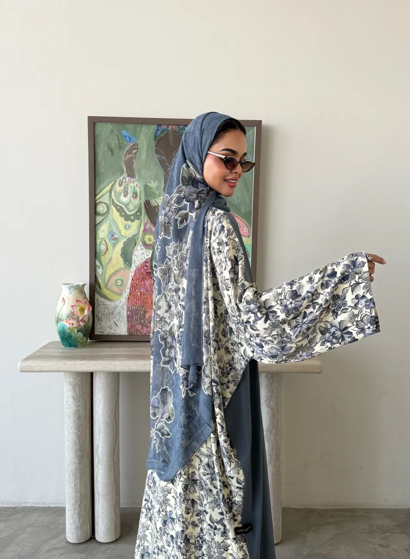 Lusin Abaya Grey indian Silk Abaya with Floral-Print Back, Sleeves & Veil